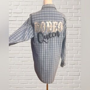 Upcycled Pearl Snap Western Shirt “Rodeo Queen” – Blue Plaid M